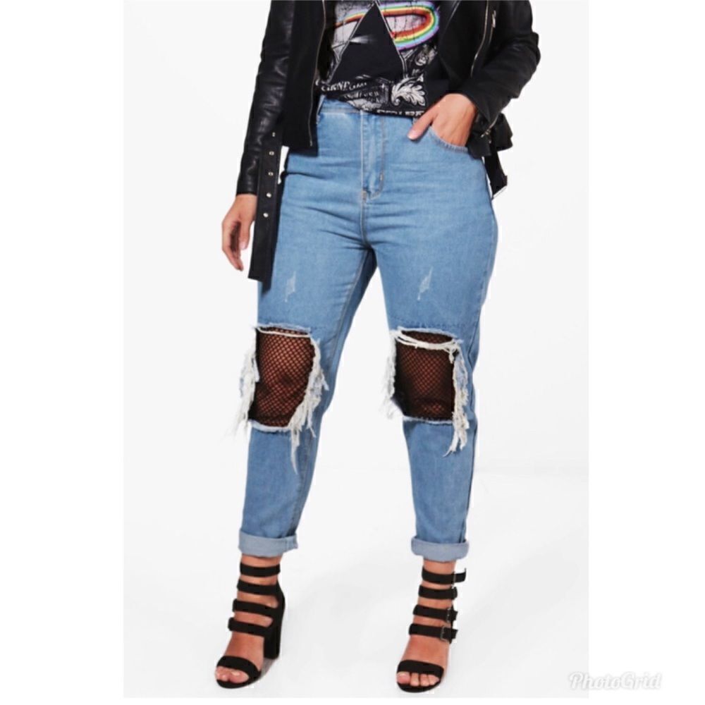 BOOHOO Blue Boyfriend Distressed Ripped Fishnet Light Wash Jeans